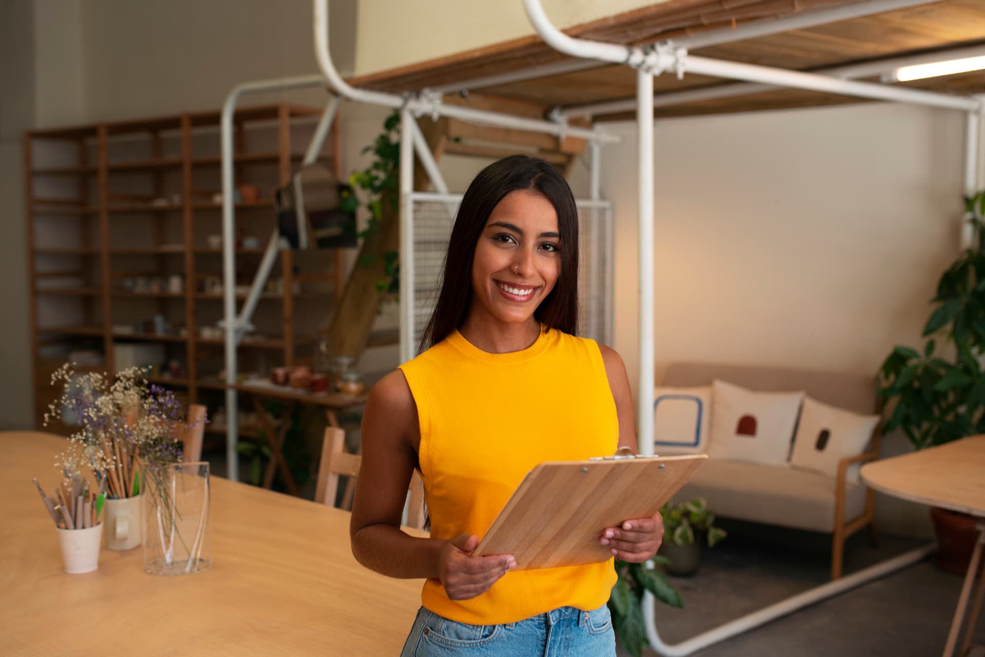 Profissional sorrindo com materiais de trabalho